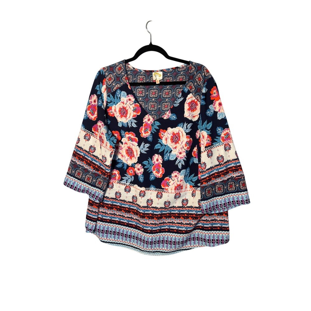 Fig and Flower Womens Blouse 2X Navy Floral Mixed Print Boho Bell Sleeve Artsy